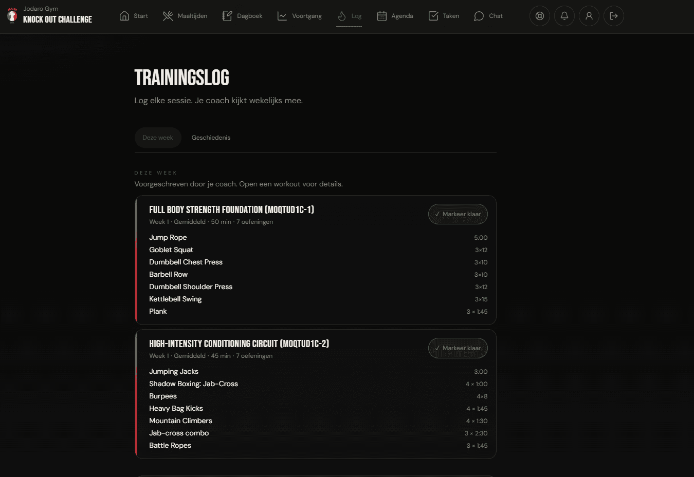 Rondz training log — coach-prescribed workouts